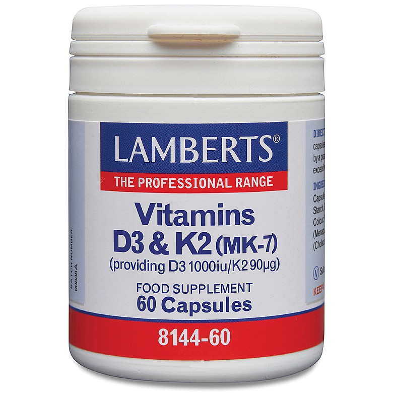 Vitamins D3 and K2. Vitamin capsules Lamberts Healthcare